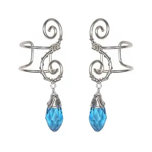 Elf Ear Cuff Earrings, OwMell Non Pierced Ear Cuffs Wrap Clip on Filigree Crystal Drop Earrings Hypoallergenic Handcraft