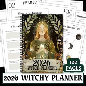 2026 Emotion & Lunar Phase Tracker Annual Review, Moon Calendar Diary, Tarot Spread, Monthly Goal Planning Chart