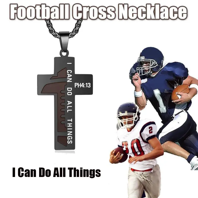Unisex Geometric Sports Pendant Necklace - Long Stainless Steel Football Cross with Metal Coating, Inspirational "I Can Do All Things" Bible Verse, Casual Steel Chain Jewelry, Daily