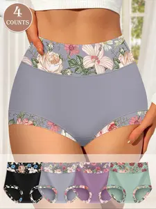 Women's Floral Print High Waist Briefs, Soft Comfy Breathable Panty for Daily Wear, Underwear for All Seasons, Womenswear, Fashion Comfy Underwear