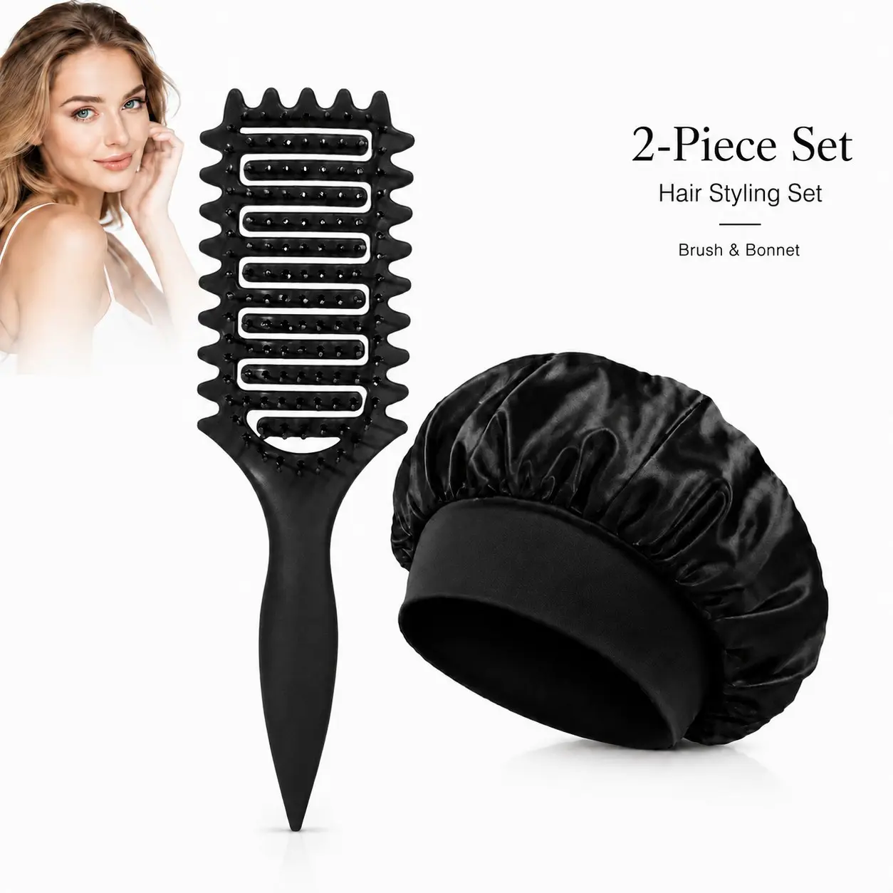 2-Piece Curling Brush and Sleep Cap Set, Portable Hollow Out Curling Comb, Nylon Bristles, Abs Handle, Satin Cap, All Hair Types