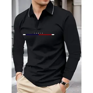 Men's Lightweight Spring & Autumn Long Sleeve Paris Letter Print Polo Shirt - Fashionable Vacation Casual Sports Outing Collared Top for Work & Golf, Perfect Gift for Boyfriend or Husband - Holiday Style Menswear Stylish Black SpringStatementsGift