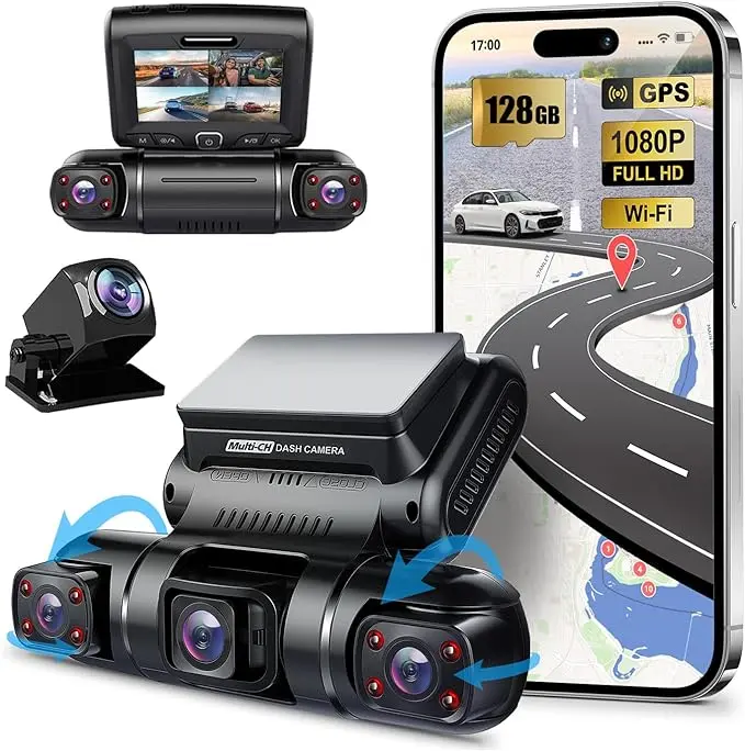 PRUVEEO 360-Degree Multi-Camera Car Dashboard Camera, 4-Channel Dashcam for Cars with Built-in GPS WiFi, Night Vision, 24/7 Parking Mode Recording, Free 128G Card, Rotatable Left/Right Monitoring, Dashcams For Cars