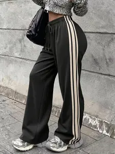 Women’s retro black striped wide-leg jogger pants casual elastic waist, loose straight-leg athletic wear, Y2K striped wide-leg pants fast shipping Womenswear
