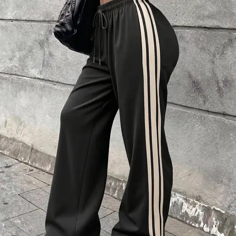 Women's Retro Black Striped Woven Wide-Leg Pants - Elastic Waist, Loose Casual Athletic Bottoms, Y2K Womenswear with Fast Shipping