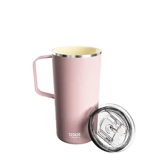 asobu Tower Mug Ceramic Inner Coated Insulated Stainless Steel Cup for Pure Tasting Coffee with Easy Hold Handle and Tritan Lid Fits Standard Cup Holders 20 Ounce Travel Mug Powdered Pink