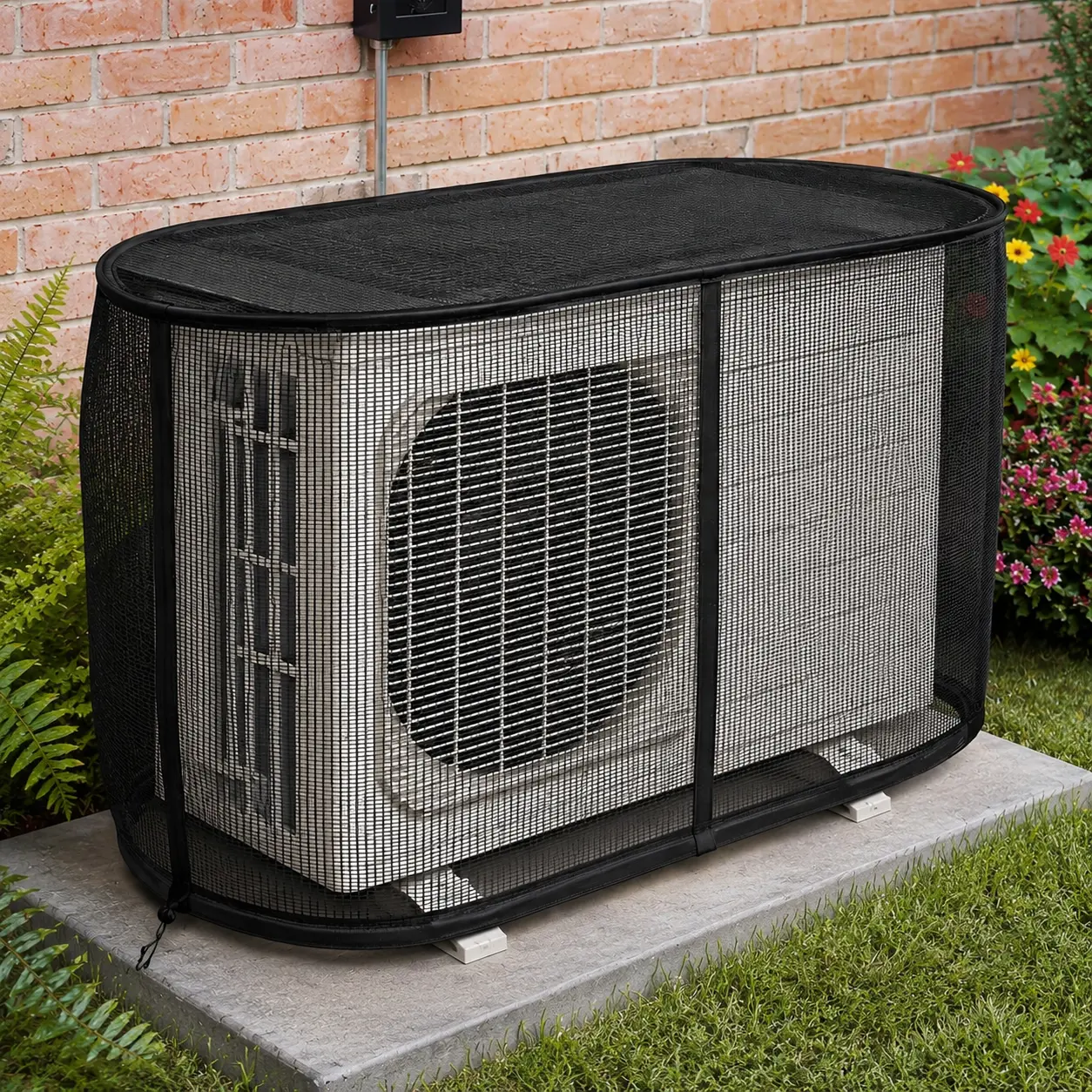 Fully enclosed air conditioner cover, black mesh outdoor air conditioner cover with a ventilation design for cooling protection. Suitable for window air conditioners, durable material, includes reinforced ground stakes.
