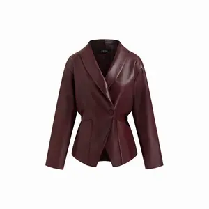 Cider Faux Leather Collar Button Elastic Waist Jacket