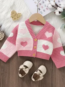 Baby's Patchwork Heart Print Button Front Cardigan, Cute Long Sleeve Knitwear for Spring & Fall, Newborn Infant Kids Clothes, Baby Clothes Girl, Baby Clothing