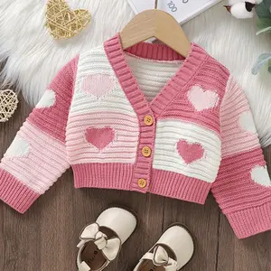 Baby's Patchwork Heart Print Button Front Cardigan, Cute Long Sleeve Knitwear for Spring & Fall, Newborn Infant Kids Clothes, Baby Clothes Girl, Baby Clothing