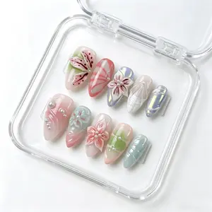 Beautiful Nails Haven Short Almond Handmade Press-On Nails 10Pcs Reusable Cute Acrylic Nail Art with Charms Premium Quality Everyday Wear