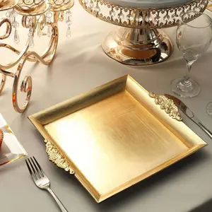 2-Pack Acrylic Serving Trays 10" Square Metallic Gold with Embossed Handles - Decorative Dinner Party Food Platters
