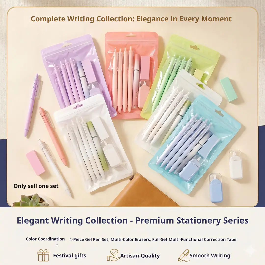 7-Piece Student Learning Set, Smooth Writing, Five Colors Available, Includes 4 Ballpens, Highlighter, Eraser, Correction Tape, Perfect Classroom Gift, School Supplies, Stationery Set
