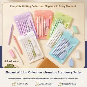 7-Piece Student Learning Set, Smooth Writing, Five Colors Available, Includes 4 Ballpens, Highlighter, Eraser, Correction Tape, Perfect Classroom Gift