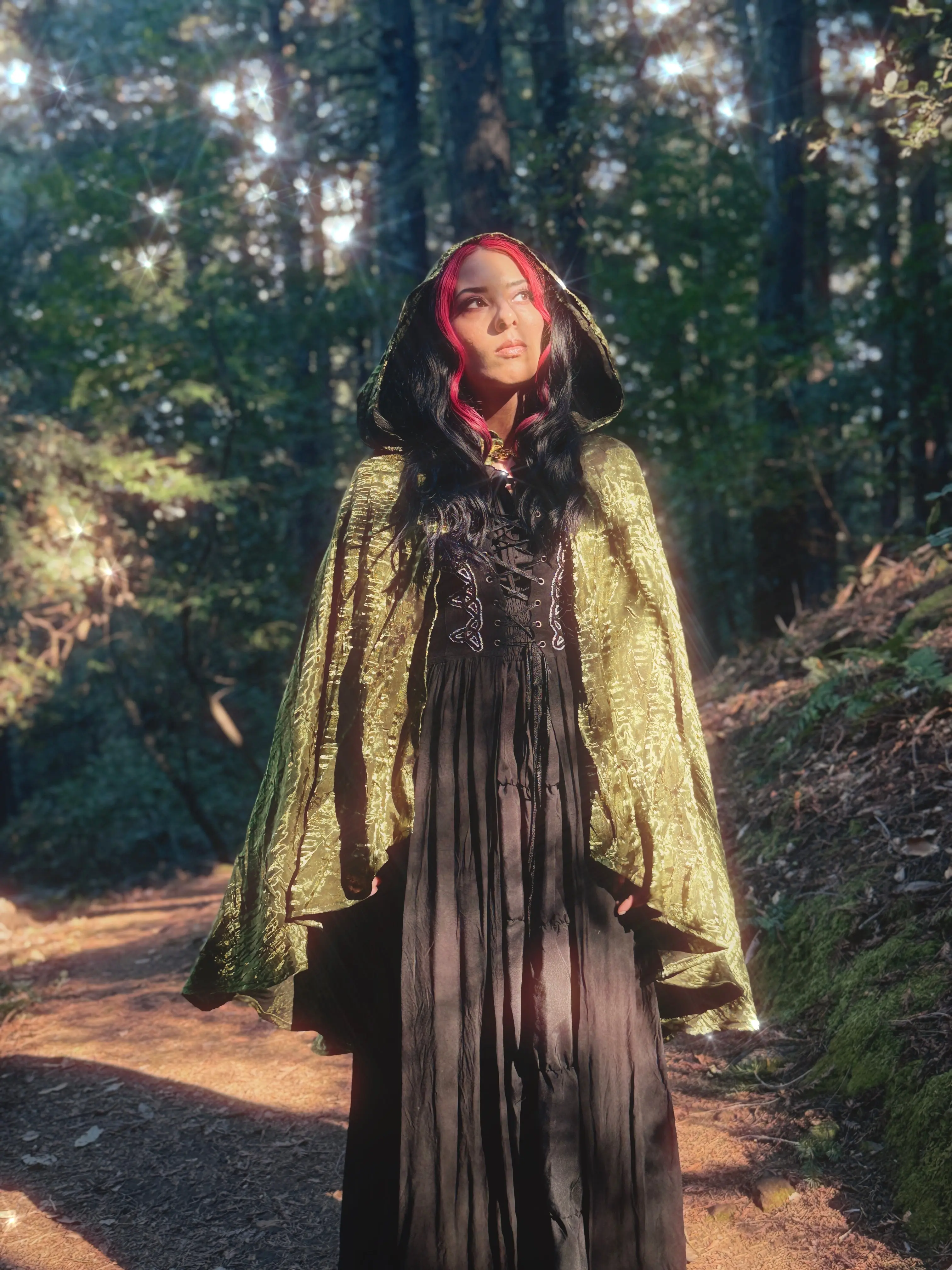 Mystic Radiance Cape - Gilded Green Fantasy Costume Lightweight Clothes Fabric Handmade with Crushed Iridescent Satin 2-Toned Ethereal Golden Sheen Fabric