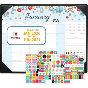 Calendar 2025-2026, Monthly Desk Calendar from July 2025 to December 2026, 17" x 12", Large Desktop Calendar Monthly,  for  or Office, Floral (Black with Desk Mat(15" x 12"))