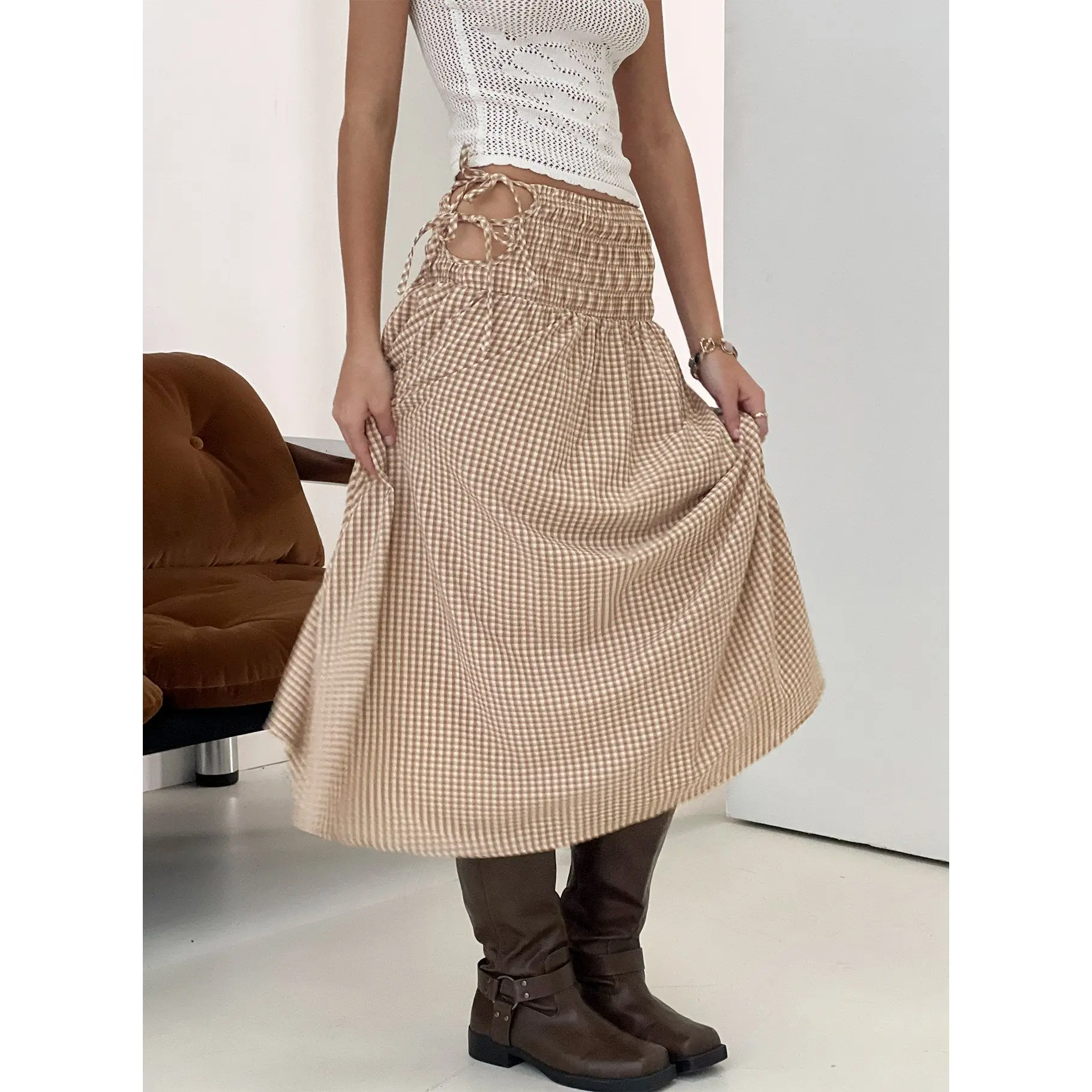 Vence Ruched Maxi Skirt Brown Gingham
