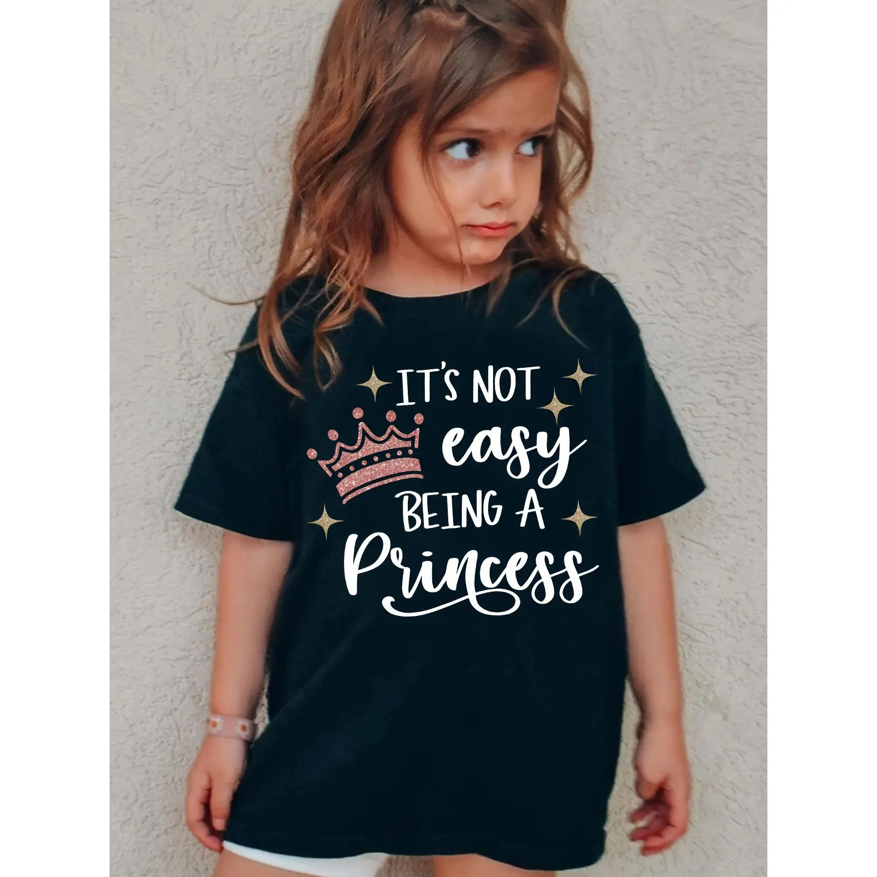 Girls' 'Being a Princess is Not Easy' Graphic Print Cotton T-Shirt, Casual Short Sleeve Tee for Kids, Durable & Machine Washable Summer Top, Shirts For Girls, Fitted Cut, Short Sleeve Shirt, Round Neck