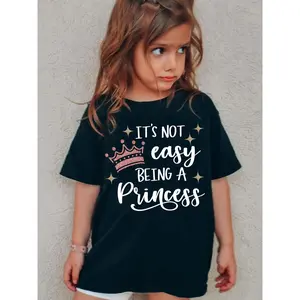 1pc Cute Girl 'Being a Princess is Not Easy' Graphic Cotton T-Shirt, Short Sleeve Round Neck Casual Tee for Kids, Machine Washable, Perfect for Summer and All Seasons, Summer Tshirt | Fun Kids Top | Durable Fabric, Girls Shirts