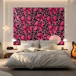 Vibrant Pink Bows Wall Tapestry, Glossy Digital Print Wall Hanging Decor, Stylish Leopard Print Background, Perfect for Bedroom Aesthetics, Chic Tapestry for Living Room and Study Spaces