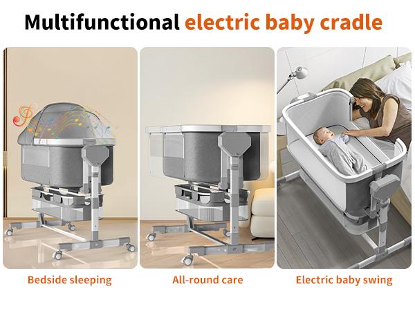 Rocking Bassinet for Baby, Electric Baby Bassinet Automatic 5 Rocking Motion Bassinet Bedside Sleeper for Newborn,  Auto Rolling Baby Cradle 6 Height Adjustable with 4 Lullabies