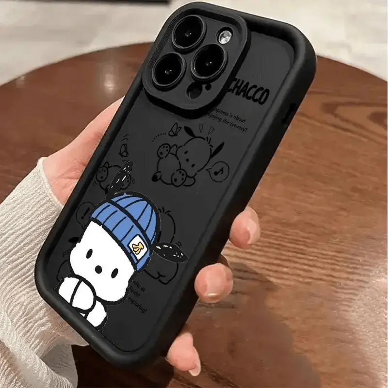 Sanrio Cute Hat-Wearing Pochacco Pattern Phone Case Compatible with iPhone 16 16 Pro Max 15 15 Pro 14 14 Pro Max 13 12 and More Models Soft Full-Cover Shockproof Protective Case Black Casing