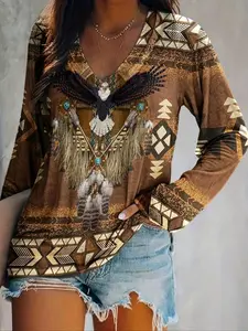 Women's Eagle & Ethnic Pattern V Neck Fitted Elegant Print Tee, Casual Long Sleeve T-Shirt for Daily Wear, Ladies Clothes for All Seasons