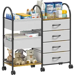 Baby Diaper Caddy Organizer Cart with Wheels, 4-Tier Rolling Diaper Cart with Dividers and Drawers, Multi-Layer Nursery Storage for Diapers & Baby Essentials