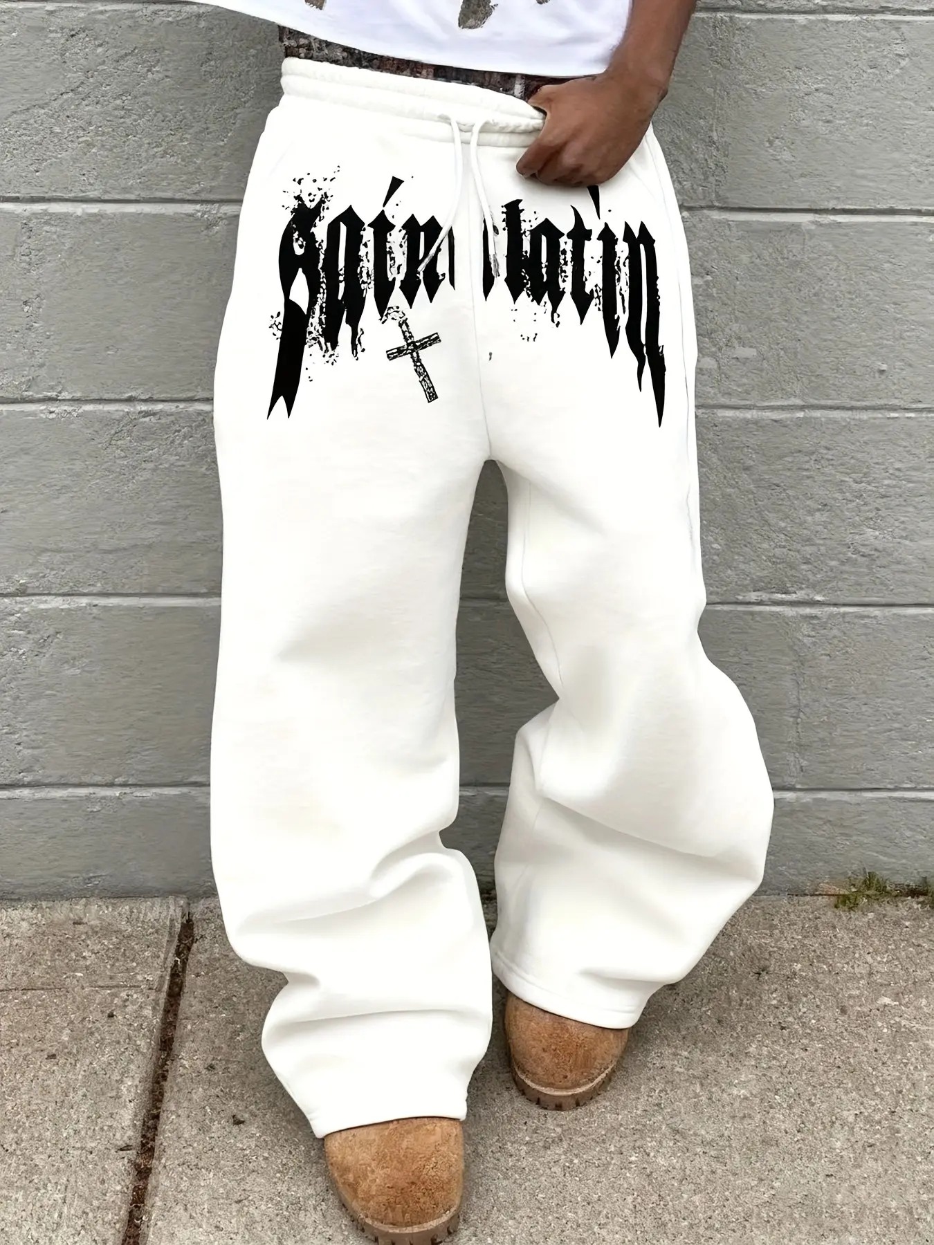 American High Street Gothic Letter Print Geometric Sweatpants, Heavyweight Loose Wide Leg Pants, Vintage Skater Street Style Casual Hip Hop Dance Pants, Streetwear Bottoms
