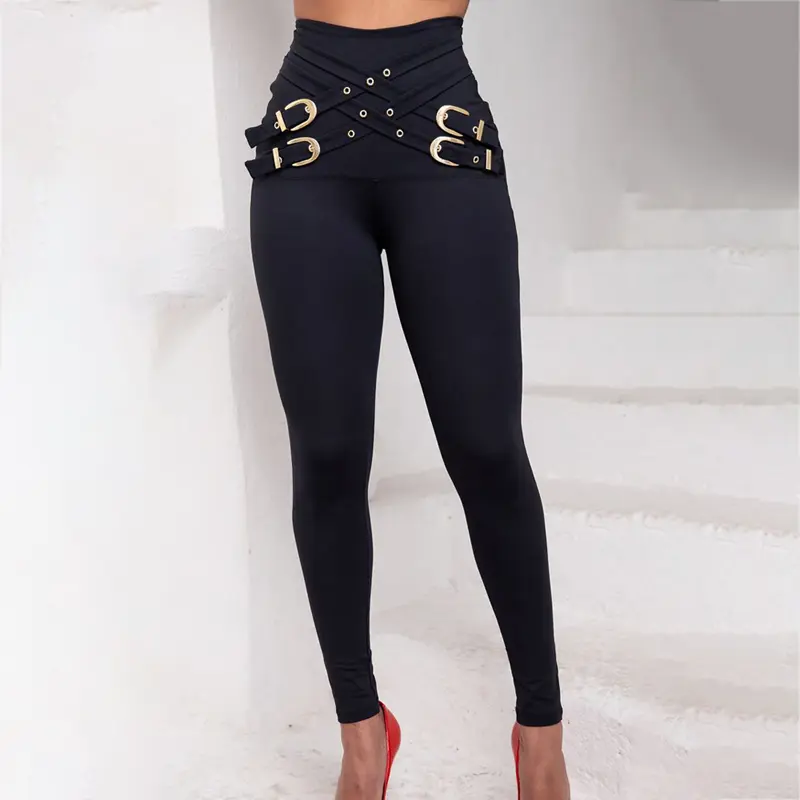 CHICME Women's Criss Cross Buckled Decor High Waist Pants Skinny Trousers Casual Fit