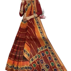 Pure Cotton Saree - Red Orange Color with Floral Patterns and Traditional Design