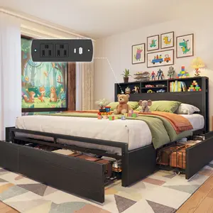 Bed Frame with 6 Storage Drawers & Built-in Charging Station, Metal Platform Bed Frame with Bookcase Headboard, Noise-Free Design, Black, Space-Saving Bed for Bedroom, Heavy Duty & Storage-Friendly, Suitable for Home Dorm