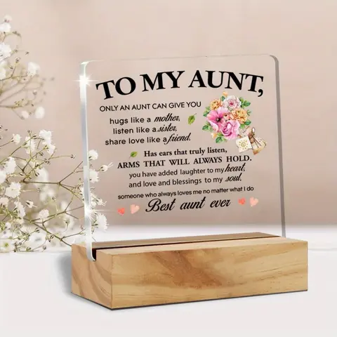 Acrylic Plaque with Wooden Stand, Floral-Themed Adult Female Aunt Gift from Nephew-Niece, Birthday Present for 1 Key Occasion, Home Decor That Adds Elegance to Table Setting