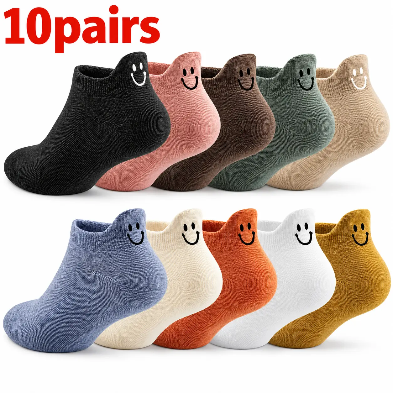 10 Pairs of Colorful Ankle Socks with Smiley Face Design for Everyday Wear Comfortable and Stylish