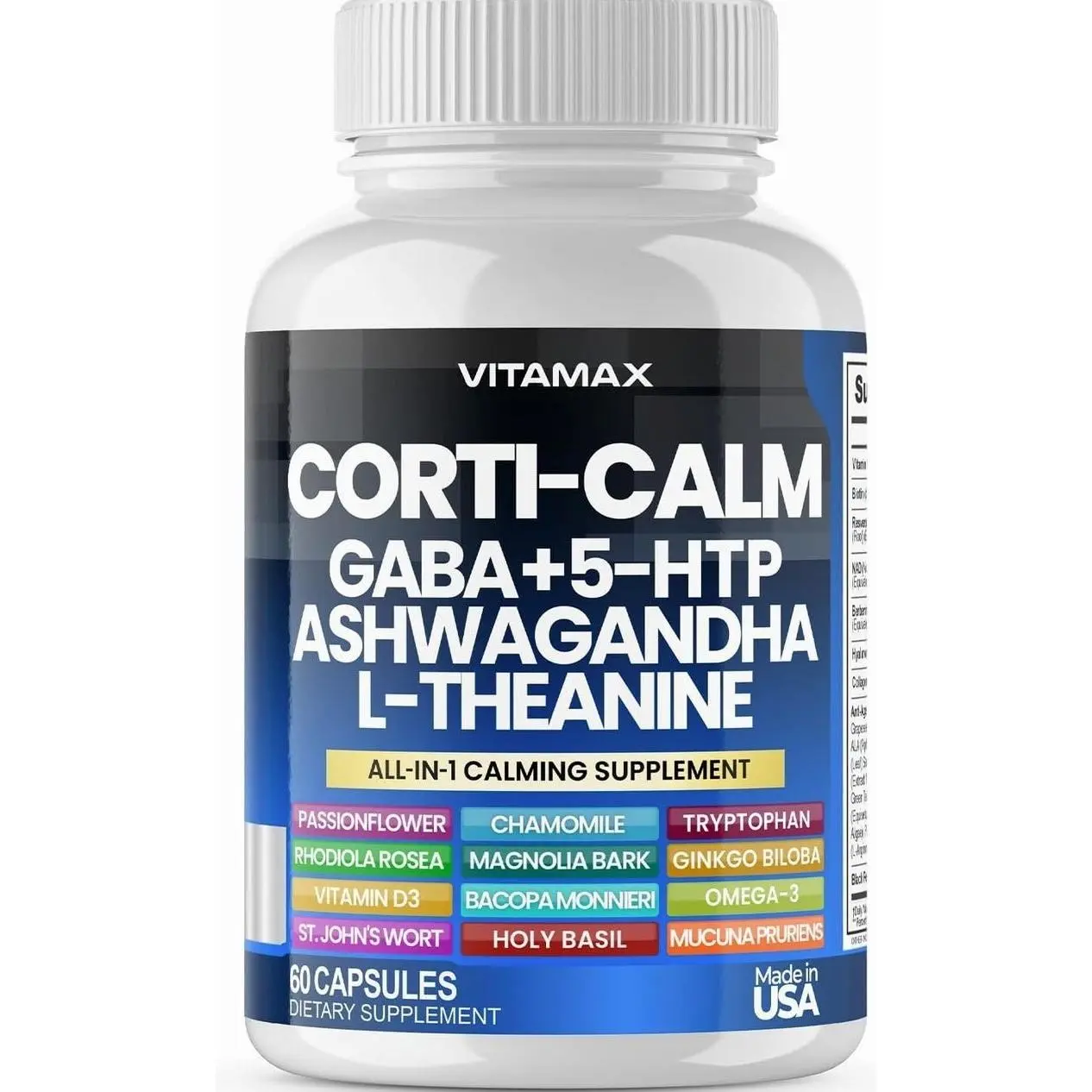 Corti-Calm Cortisol Supplement, L Theanine, Ashwagandha, Vitamin D 3, GABA for Relaxation, Fatigue & Focus with Ginkgo Biloba, Bacopa Monnieri, 5-HTP – Non-GMO, Made in USA – 60ct