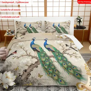 3 pcs, 2D flat print Chinese style bed cover set with peacock and crane pattern, multiple sizes available, printed bedding set, festive decorative bedding, ideal for bedroom decor(1 bedspread , 2 pillowcases)