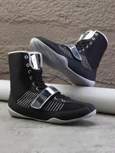 1 Pair Men's Non-Slip Breathable Trendy High-Top Boxing Shoes | Lace-Up & Strap | Rubber Outsole | Breathable Mesh Lining | Cushioned Insole | Ideal for Boxing Training, Competitive Matches, Street Fashion & Casual Sports
