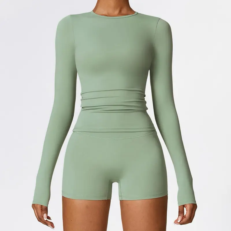 Long-Sleeved Yoga Clothes High-Intensity Fitness Pilates Running Sports Top in Soft Sage Green