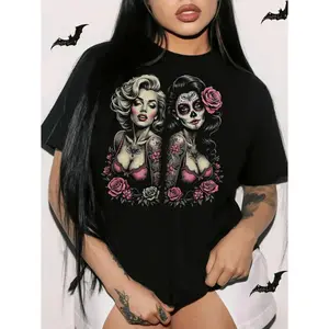 Women's Gothic Sugar Skull Halloween PinUp Print Casual Fit Short-Sleeve Round Neck T-Shirt, Lady's Streetwear Style Sports Top for Spring, Summer Holiday Gifting,summervibes