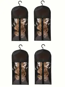 4PCS Dustproof Transparent Wig Storage Bags, Portable Hanger Type Wig Holder, Multifunctional Hair Extension Organizer Bag, Practical Storage Solution for Wigs And Hair Styling Accessories