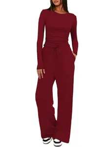 2026 Cross-border European and American TK popular solid color Fitted casual long-sleeve suit top and high-waisted wide-leg pants Womenswear sportswear