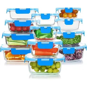 24 count Glass  Storage Containers Set,Glass Meal Prep Containers-Stackable Airtight Glass Storage Containers with ,Freezer, Microwave, Oven Safe,Blue