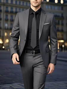 2pcs Men'S Classic Suit Set - Slim-Fit, Long Sleeve, Button-Up Jacket & Pants Combo with Pockets, Regular Fit, Solid Color, Non-Stretch Fabric, Perfect for Weddings, Parties, Formal Events | Elegant Suit Design | Tailored Fit
