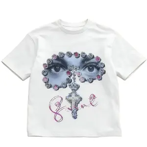 Unisex Cotton T-Shirt with Bold Graphic Print Featuring Gem Embellished Eye Cross Pattern and Y2K Style for AllSeason Casual Streetwear