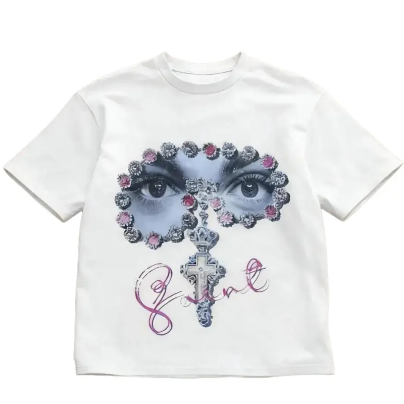 Unisex Cotton T-Shirt with Bold Graphic Print Featuring Gem Embellished Eye Cross Pattern and Y2K Style for AllSeason Casual Streetwear