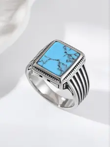 316L Stainless Steel Men's Ring, Square Turquoise Inlay, Serrated Edge Carving, Highlight Your Noble Temperament