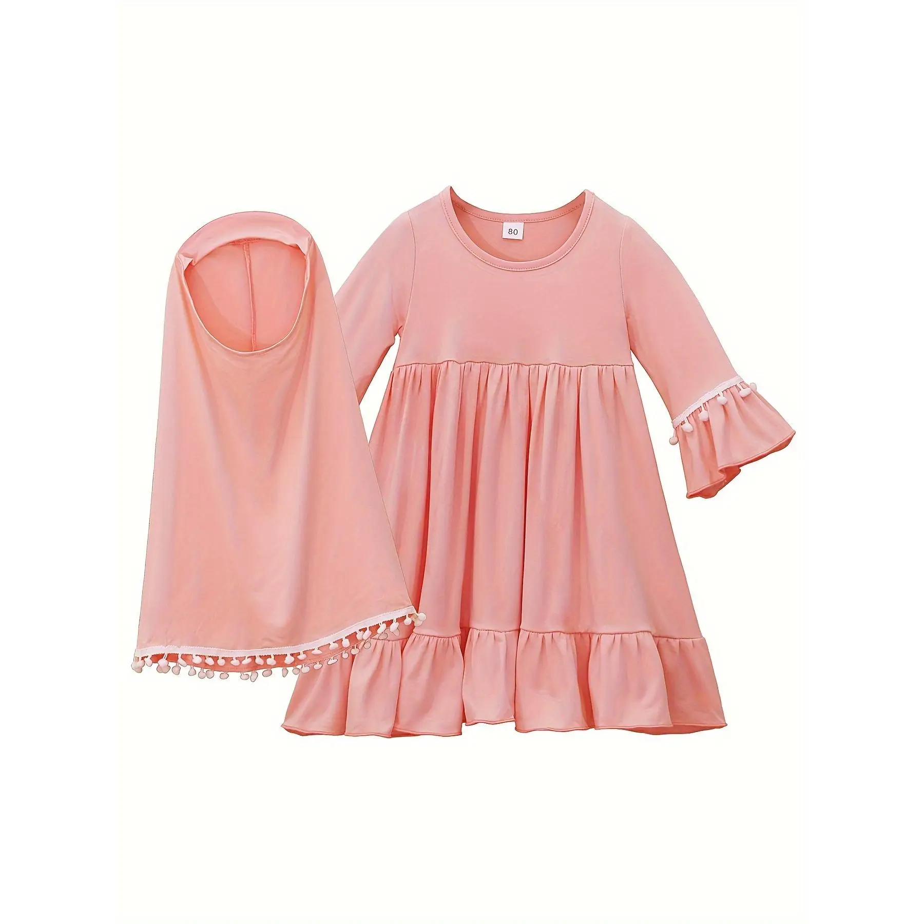 Conservative Spring/Autumn Muslim Hijab and Dress Set for Little Girls - Soft Pink, Long Sleeve, Full Skirt, and Matching Headscarf - Soft and Comfort