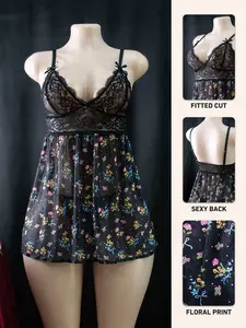 Women's Romantic Floral Print Lace Sleepwear Loungewear Dress, Bow Decor & Mesh V-Neck, Sleeveless, Perfect for Valentine's Day & Home Wear