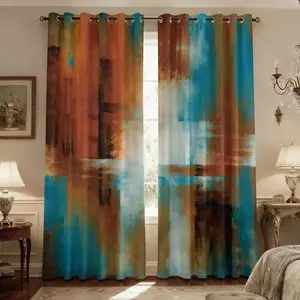 2-piece minimalist artistic curtains Orange blue brown gradient color contrast printing filter translucent curtains suitable for machine washable decorative curtains in living rooms, bedrooms, kitchens, etc.