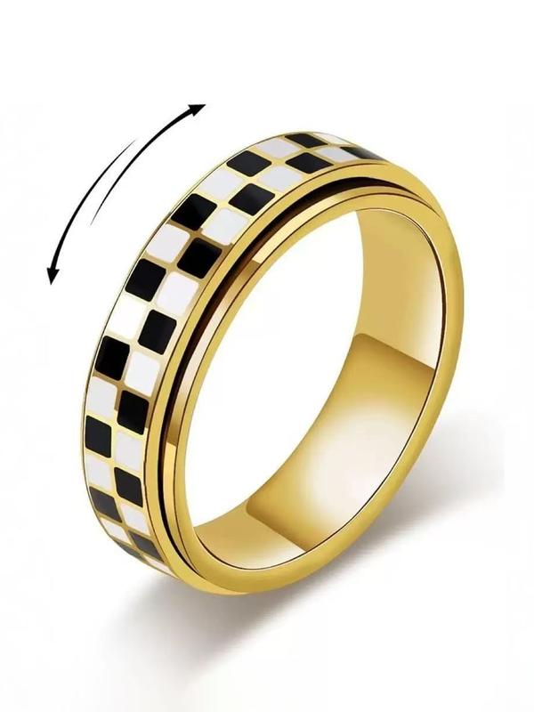 Stainless Steel Checkered Rotating Stress Relief Adjustable Ring, Unisex Casual Daily Wear, Simple Chessboard Design Jewelry